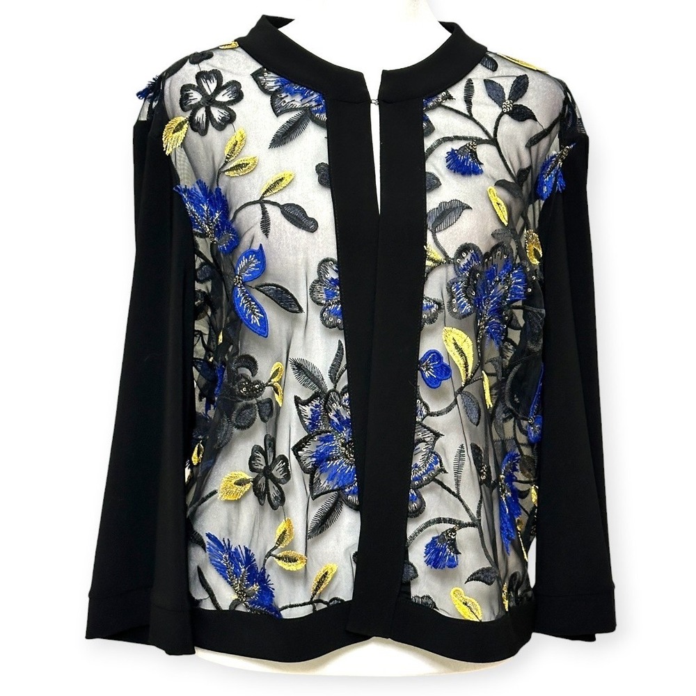 Floral Embroidered Sheer Mesh Jacket Black Blue Gold Evening Topper